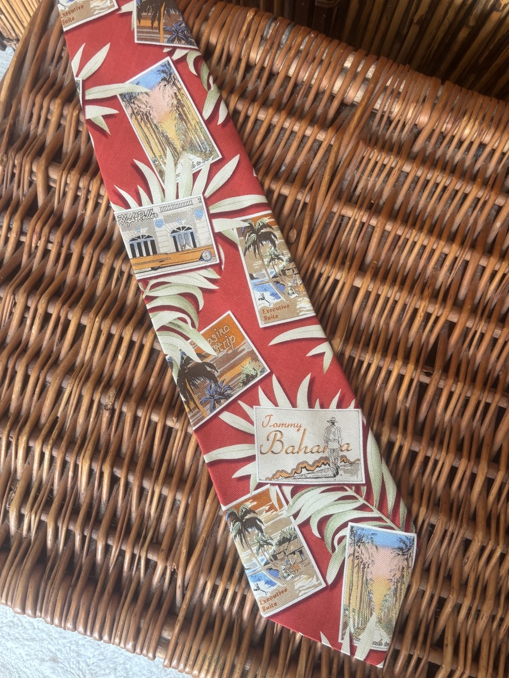 Tommy Bahama Red Vintage Tropical Postcard Silk Tie Resort Wear